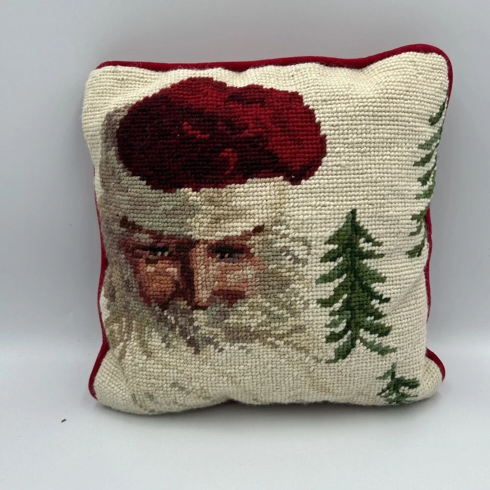 Lot Of 3 Vintage Needlepoint Santa Pillows Christmas Holiday‎ Festive Red Velvet